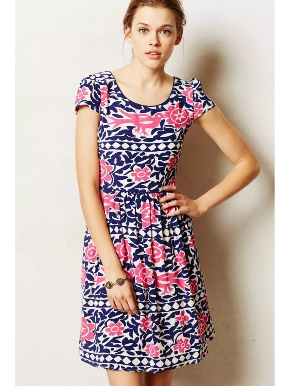 Maeve Anthropologie Peralta Dress Blue Pink Floral Fit & Flare Size 0